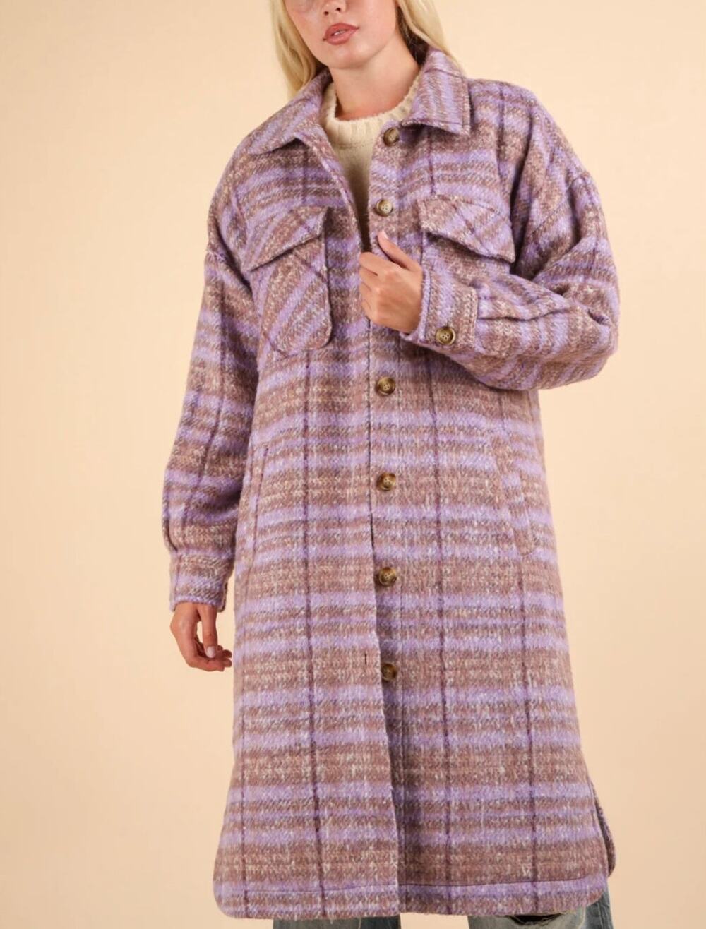 New In Plaid Button Front Long Coat Purple Plaid Size Large NWT Stylish Warm